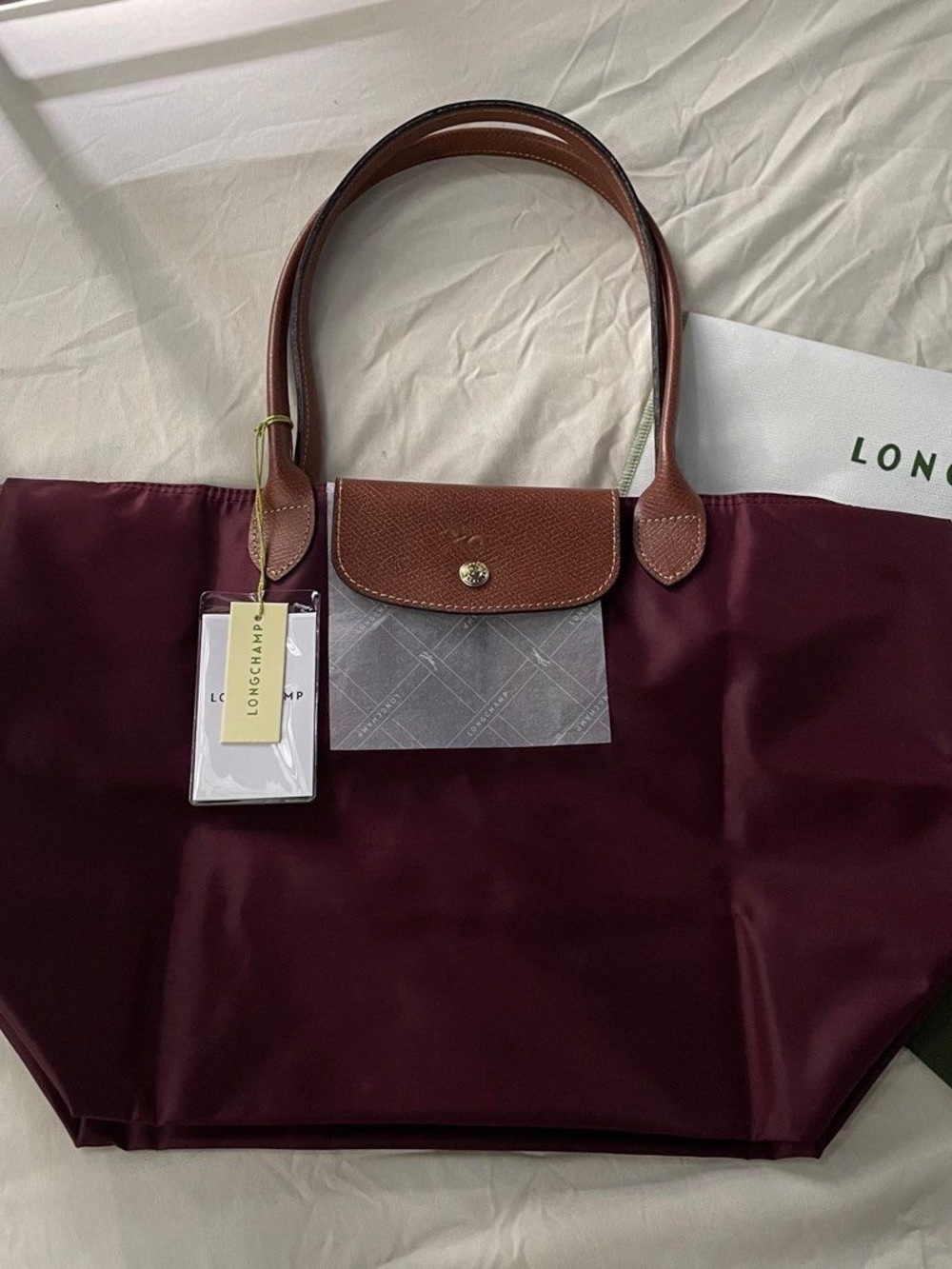 NWT Longchamp Le Pliage Original Large Handbag Burgundy Canvas Shoulder Tote L - Picture 2 of 7